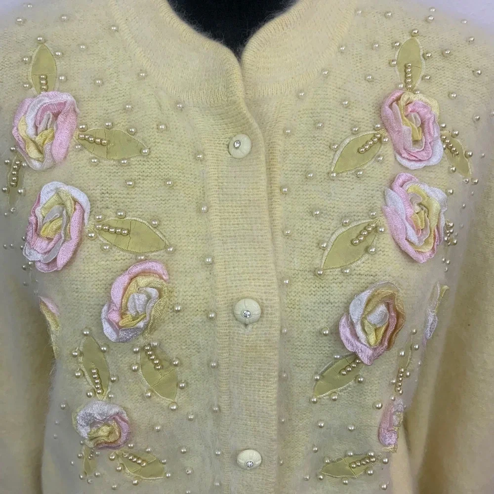 Vigor Vintage Angora Blend Cardigan Yellow Floral‎ Ribbon Rose Pearl Beaded XL